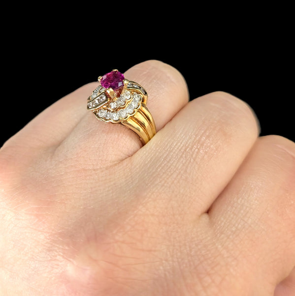 Vintage Ruby Diamonds 14k Yellow Gold Statement Ring Estate Jewelry Gift Retro