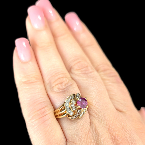Vintage Ruby Diamonds 14k Yellow Gold Statement Ring Estate Jewelry Gift Retro