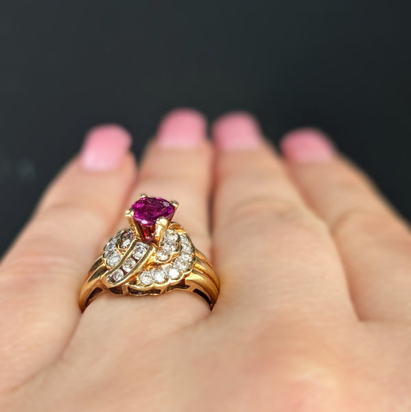 Vintage Ruby Diamonds 14k Yellow Gold Statement Ring Estate Jewelry Gift Retro