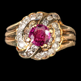 Vintage Ruby Diamonds 14k Yellow Gold Statement Ring Estate Jewelry Gift Retro