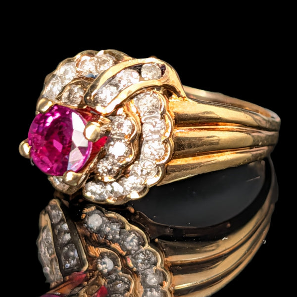 Vintage Ruby Diamonds 14k Yellow Gold Statement Ring Estate Jewelry Gift Retro