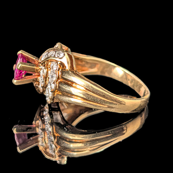 Vintage Ruby Diamonds 14k Yellow Gold Statement Ring Estate Jewelry Gift Retro