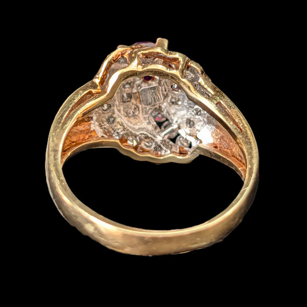 Vintage Ruby Diamonds 14k Yellow Gold Statement Ring Estate Jewelry Gift Retro