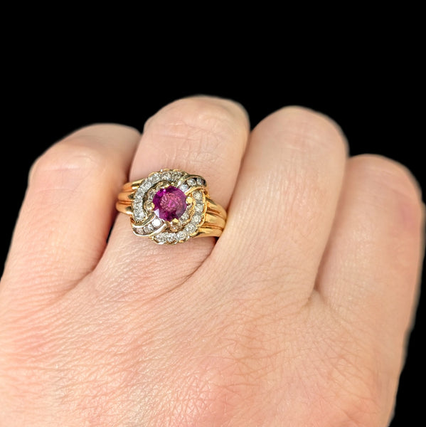 Vintage Ruby Diamonds 14k Yellow Gold Statement Ring Estate Jewelry Gift Retro