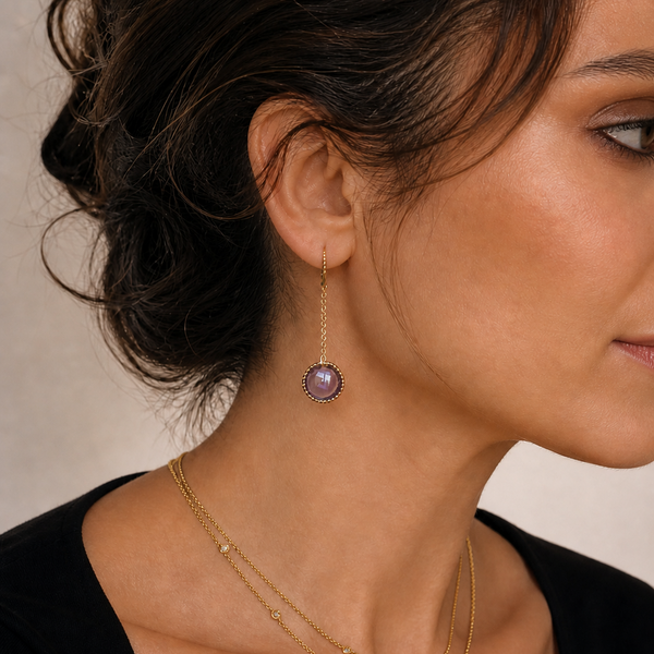 ROBERTO COIN Ipanema Amethyst 18k Yellow on model Gold Drop Earrings 2.25" Long Estate