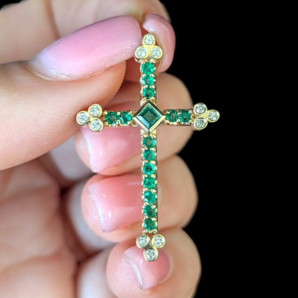 Kingston - Vintage Emerald Diamond 14k Yellow Gold Cross by Bita