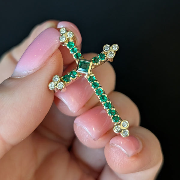 Kingston - Vintage Emerald Diamond 14k Yellow Gold Cross by Bita