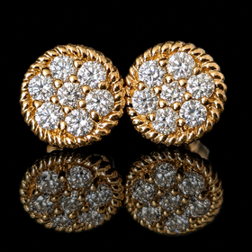 Vintage Diamond Cluster 14k Yellow Gold Stud Earrings Rope Detailing Estate Gift