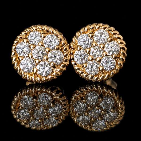 Vintage Diamond Cluster 14k Yellow Gold Stud Earrings Rope Detailing Estate Gift