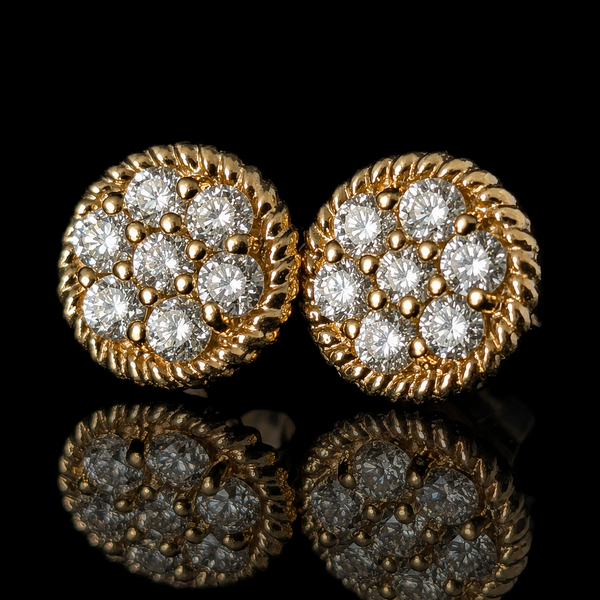 Vintage Diamond Cluster 14k Yellow Gold Stud Earrings Rope Detailing Estate Gift
