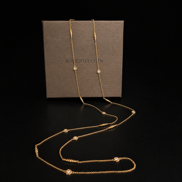 ROBERTO COIN Barocco 36" 18K Rose Gold Bezel Diamond & Barrel Station Necklace