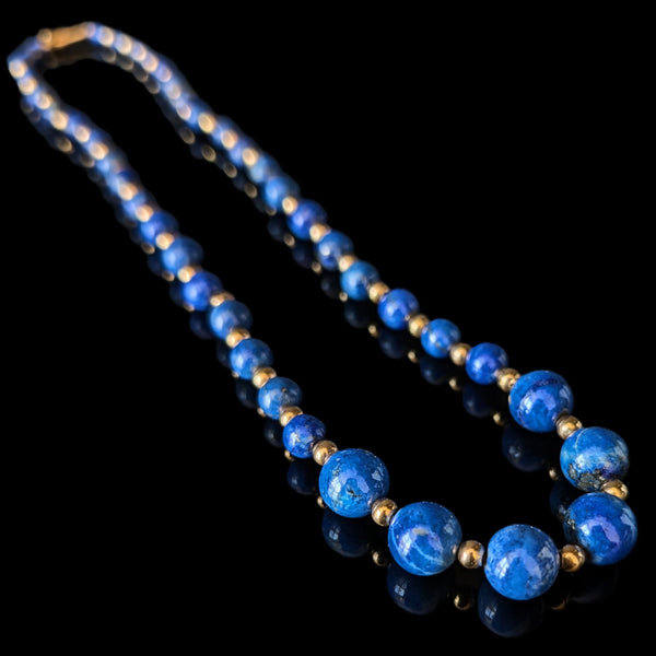 Vintage Lapis Lazuli 14k Yellow Gold Beaded Necklace Estate Jewelry Retro Gift