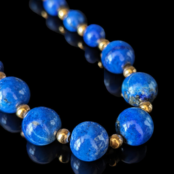 Vintage Lapis Lazuli 14k Yellow Gold Beaded Necklace Estate Jewelry Retro Gift