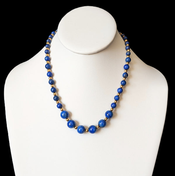 Vintage Lapis Lazuli 14k Yellow Gold Beaded Necklace Estate Jewelry Retro Gift