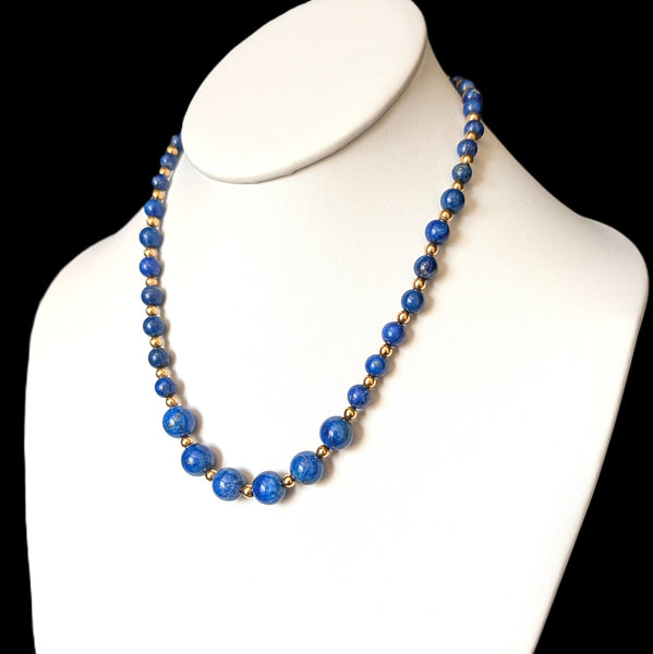Vintage Lapis Lazuli 14k Yellow Gold Beaded Necklace Estate Jewelry Retro Gift