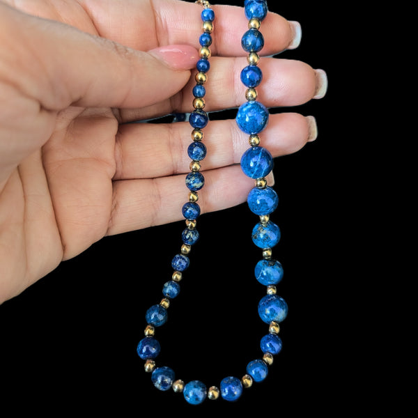 Vintage Lapis Lazuli 14k Yellow Gold Beaded Necklace Estate Jewelry Retro Gift
