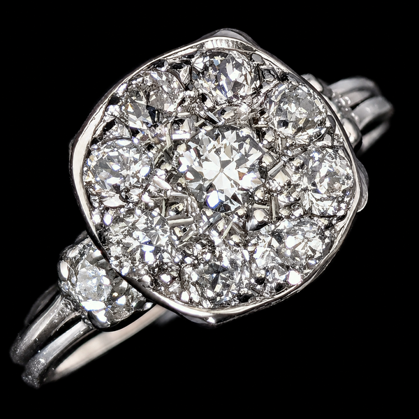 Vintage Old European Cut Diamonds 12k-14k White Gold Cluster Cocktail Ring Gift