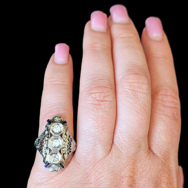 1920s Art Deco Old European Cut Diamonds 14-18k White Gold Cocktail Ring Antique