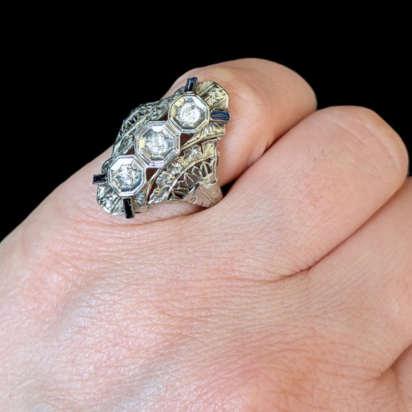 1920s Art Deco Old European Cut Diamonds 14-18k White Gold Cocktail Ring Antique