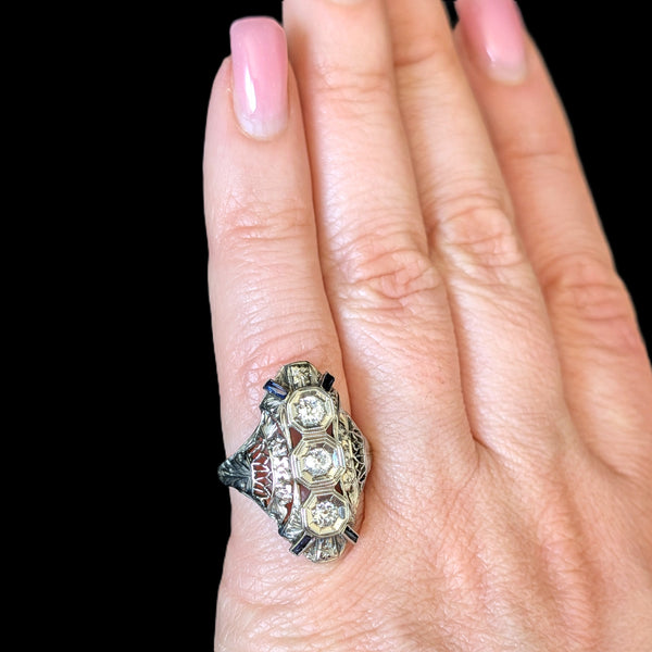1920s Art Deco Old European Cut Diamonds 14-18k White Gold Cocktail Ring Antique