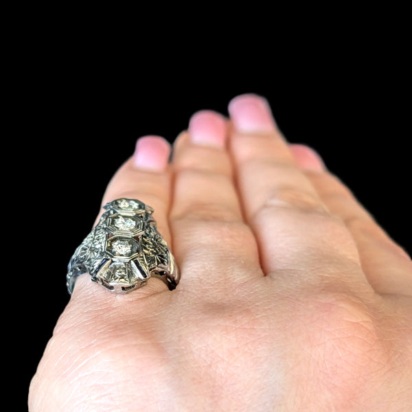 1920s Art Deco Old European Cut Diamonds 14-18k White Gold Cocktail Ring Antique