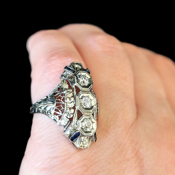 1920s Art Deco Old European Cut Diamonds 14-18k White Gold Cocktail Ring Antique