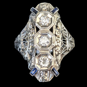 1920s Art Deco Old European Cut Diamonds 14-18k White Gold Cocktail Ring Antique