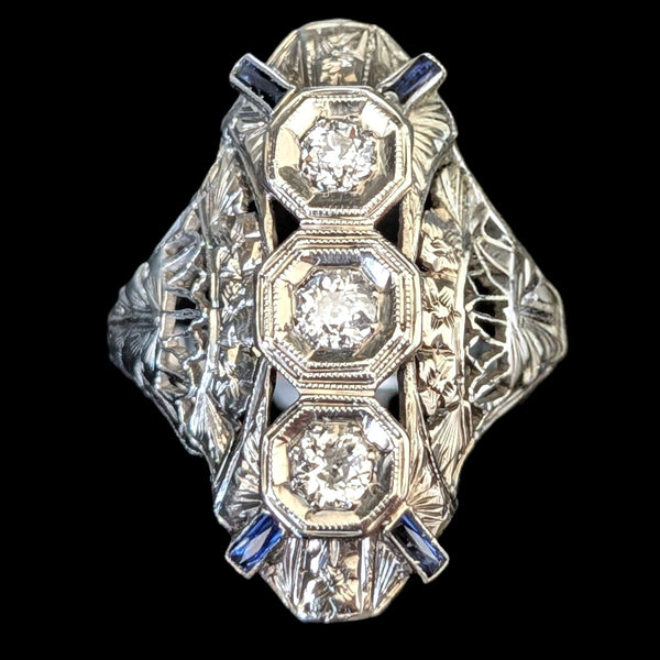 1920s Art Deco Old European Cut Diamonds 14-18k White Gold Cocktail Ring Antique