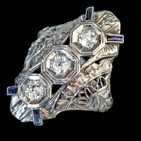 1920s Art Deco Old European Cut Diamonds 14-18k White Gold Cocktail Ring Antique