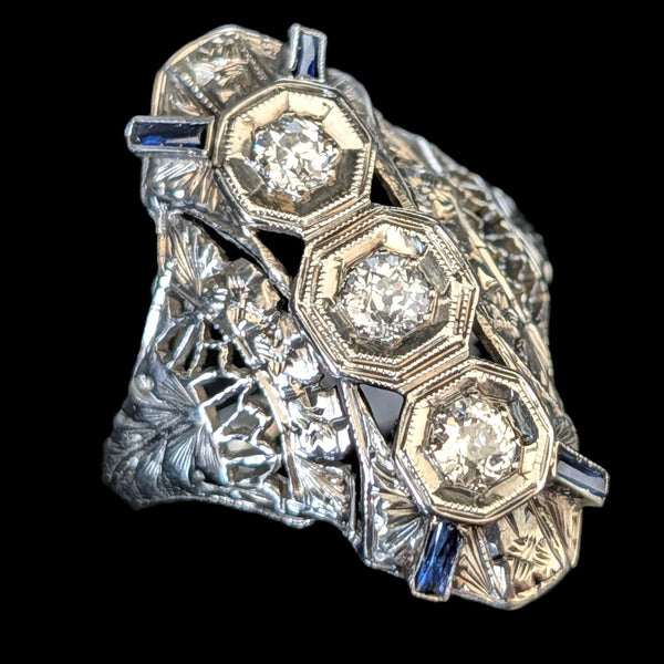 1920s Art Deco Old European Cut Diamonds 14-18k White Gold Cocktail Ring Antique
