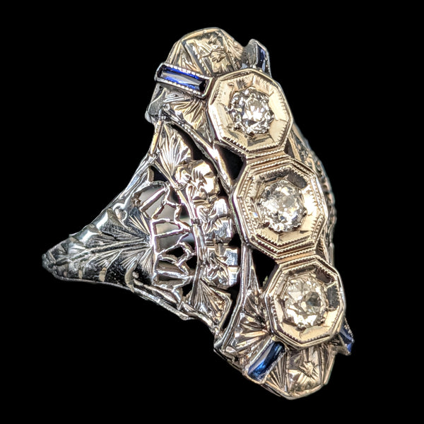 1920s Art Deco Old European Cut Diamonds 14-18k White Gold Cocktail Ring Antique