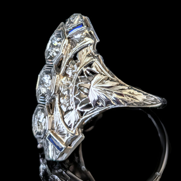 1920s Art Deco Old European Cut Diamonds 14-18k White Gold Cocktail Ring Antique