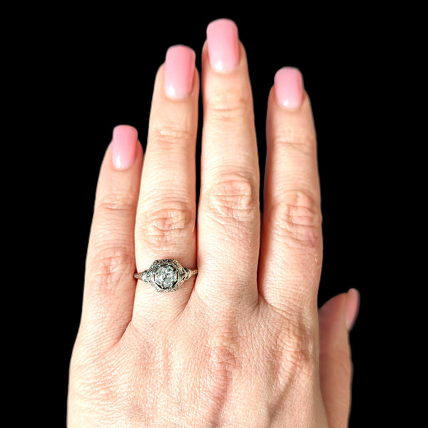 1920s Art Deco Old European Cut Diamond 18k White Gold Ring Antique Engagement