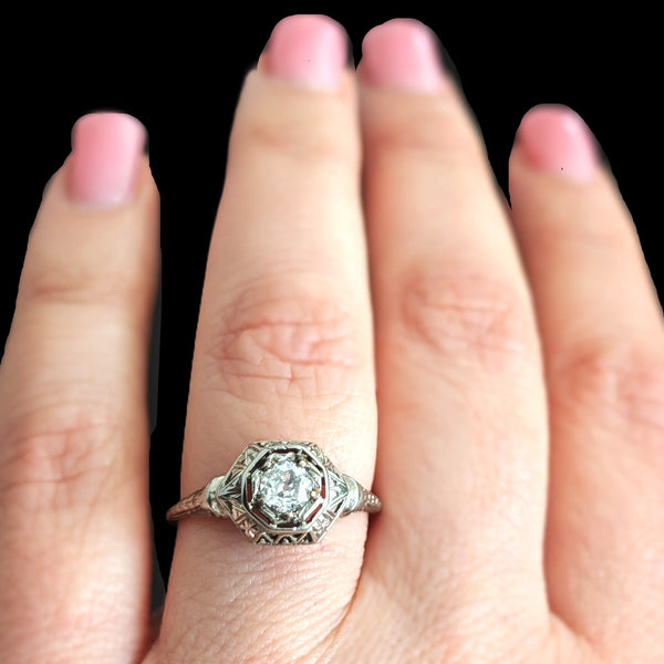 1920s Art Deco Old European Cut Diamond 18k White Gold Ring Antique Engagement