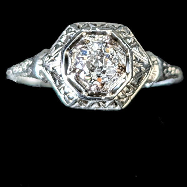 1920s Art Deco Old European Cut Diamond 18k White Gold Ring Antique Engagement