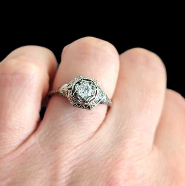 1920s Art Deco Old European Cut Diamond 18k White Gold Ring Antique Engagement