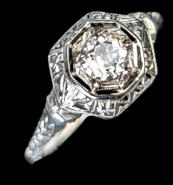 1920s Art Deco Old European Cut Diamond 18k White Gold Ring Antique Engagement