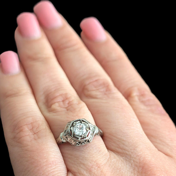 1920s Art Deco Old European Cut Diamond 18k White Gold Ring Antique Engagement