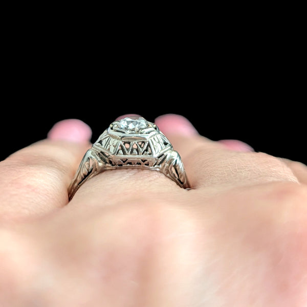 1920s Art Deco Old European Cut Diamond 18k White Gold Ring Antique Engagement