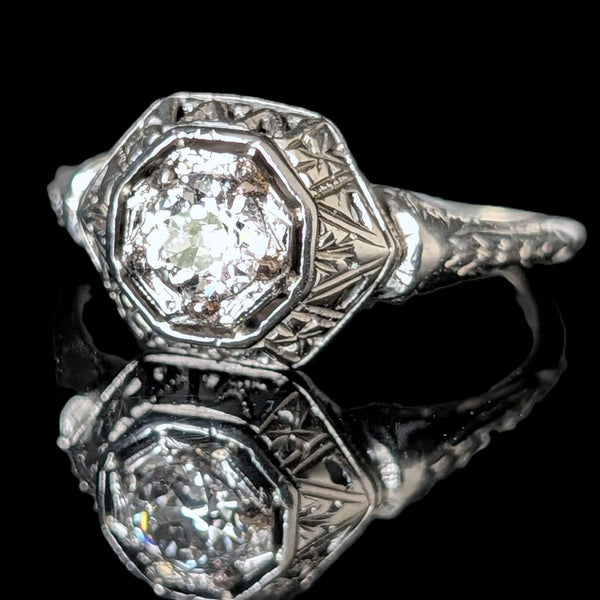 1920s Art Deco Old European Cut Diamond 18k White Gold Ring Antique Engagement