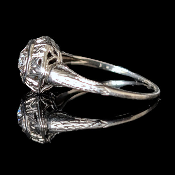 1920s Art Deco Old European Cut Diamond 18k White Gold Ring Antique Engagement