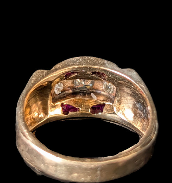 1940s Men's Diamond Lab Ruby 14k Yellow Gold Ring Retro Era Vintage Estate Gift 