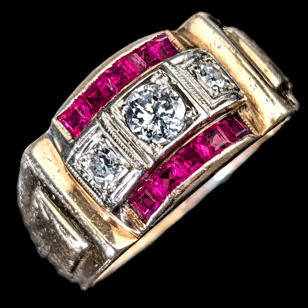 1940s Men's Diamond Lab Ruby 14k Yellow Gold Ring Retro Era Vintage Estate Gift 