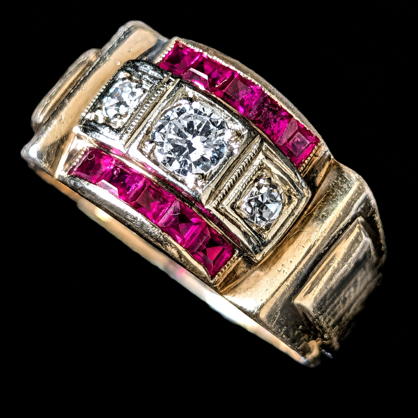 1940s Men's Diamond Lab Ruby 14k Yellow Gold Ring Retro Era Vintage Estate Gift 