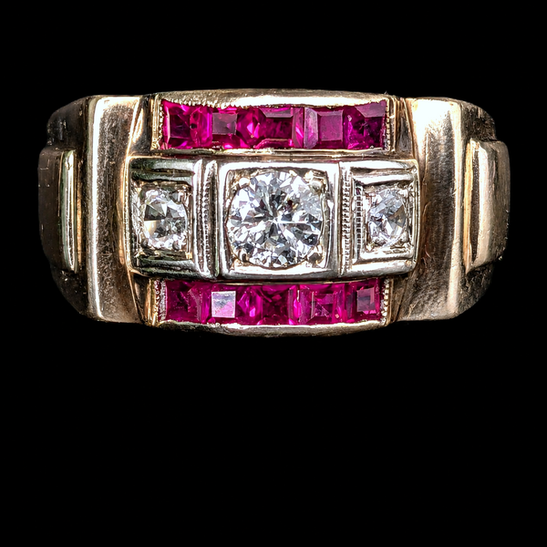 1940s Men's Diamond Lab Ruby 14k Yellow Gold Ring Retro Era Vintage Estate Gift 
