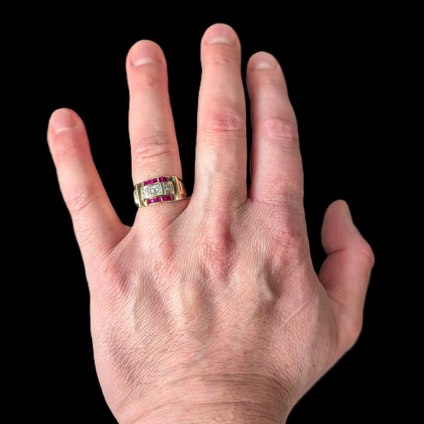 1940s Men's Diamond Lab Ruby 14k Yellow Gold Ring Retro Era Vintage Estate Gift 