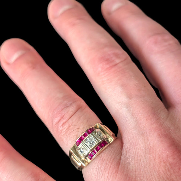1940s Men's Diamond Lab Ruby 14k Yellow Gold Ring Retro Era Vintage Estate Gift 