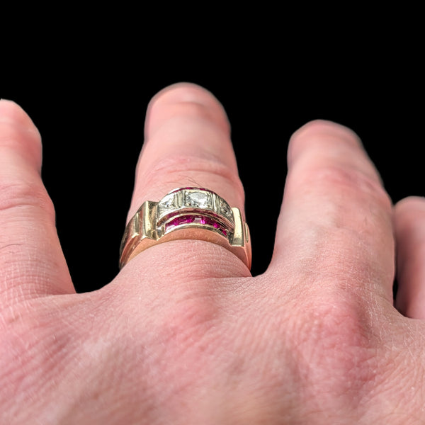 1940s Men's Diamond Lab Ruby 14k Yellow Gold Ring Retro Era Vintage Estate Gift 