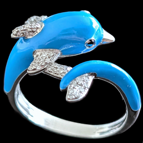EFFY Dolphin Wrap Ring Diamonds Blue Enamel 14k White Gold New Old Stock with tags