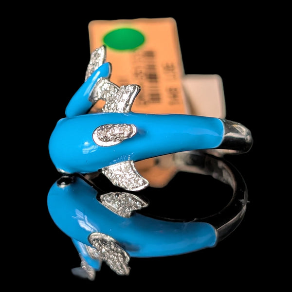 EFFY Dolphin Wrap Ring Diamonds Blue Enamel 14k White Gold New Old Stock with tags